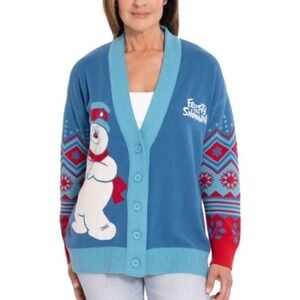 Frosty the Snowman Blue Knit Cardigan Sweater Fair Isle Snowflake Pattern NWT L